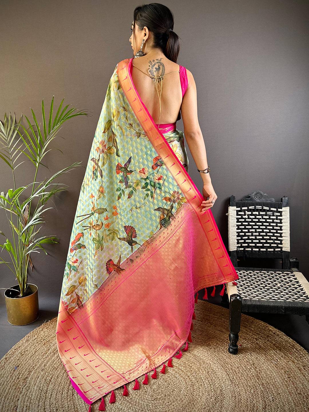 Mint Green Paithani Kora Silk Saree