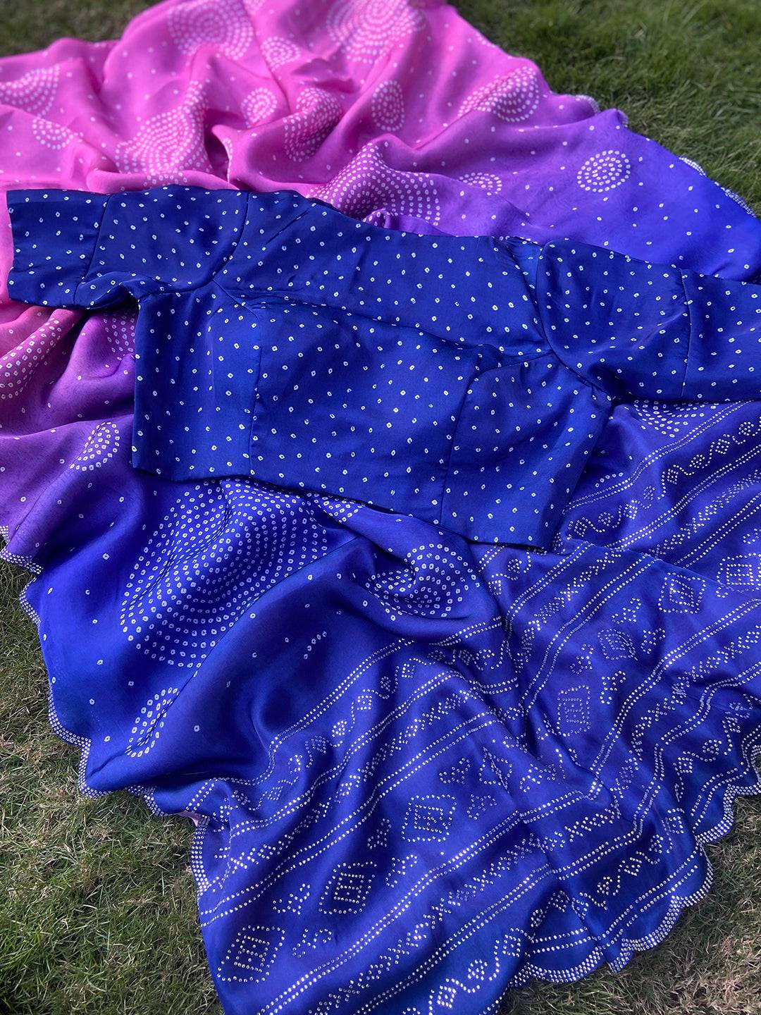 Georgette Silk Saree with Ombre Bandhej Print & Stone Work