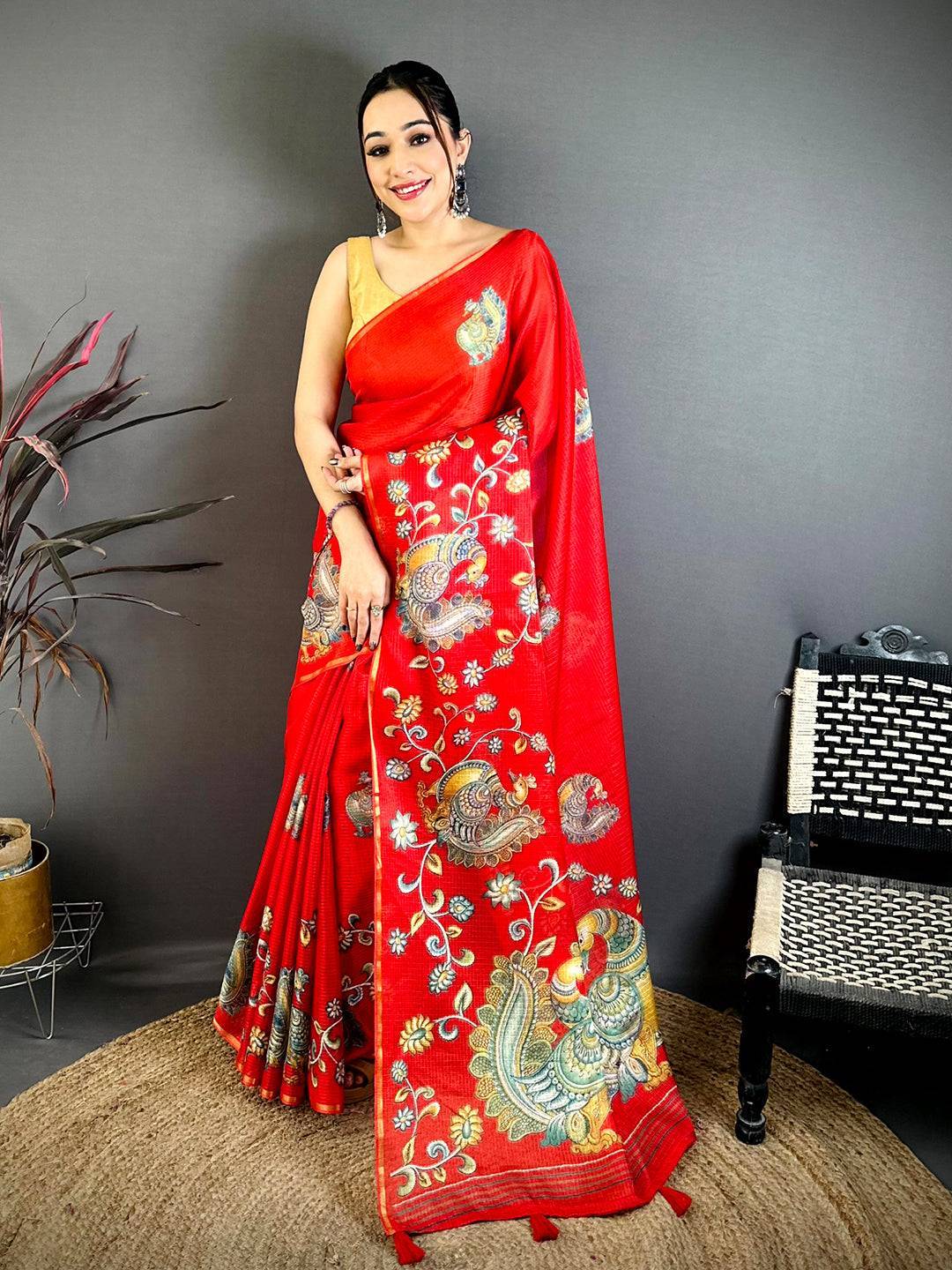 Red Peacock Kalamkari Kota Saree