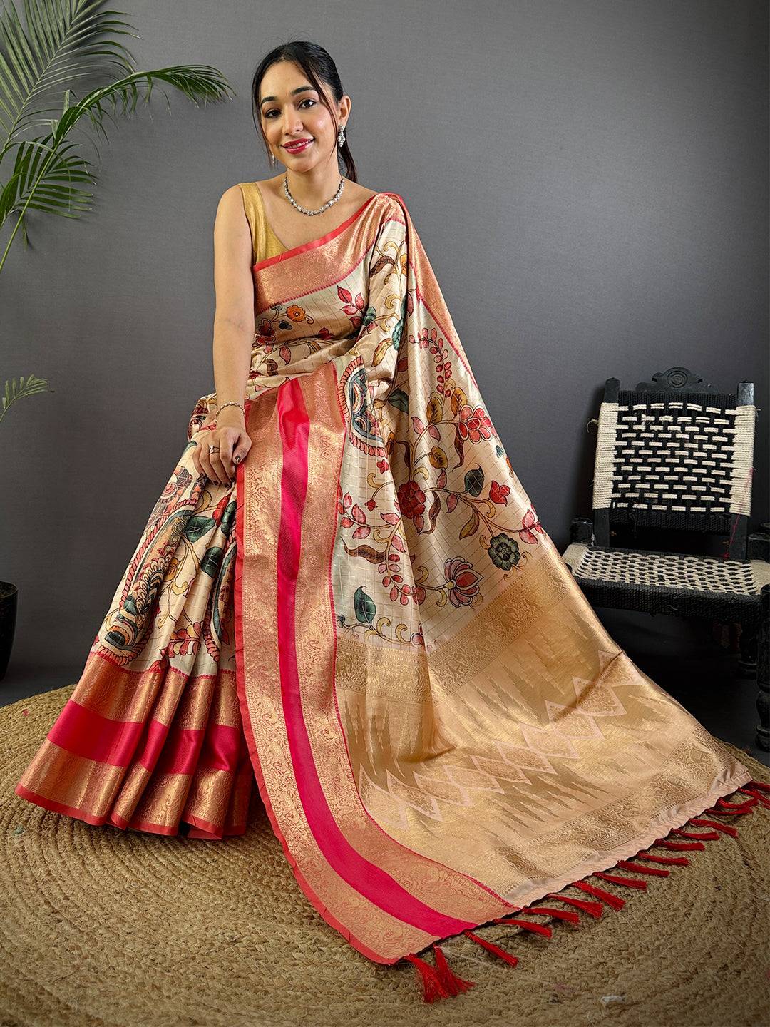 Cream Soft Silk Gadwal Kalamkari Saree