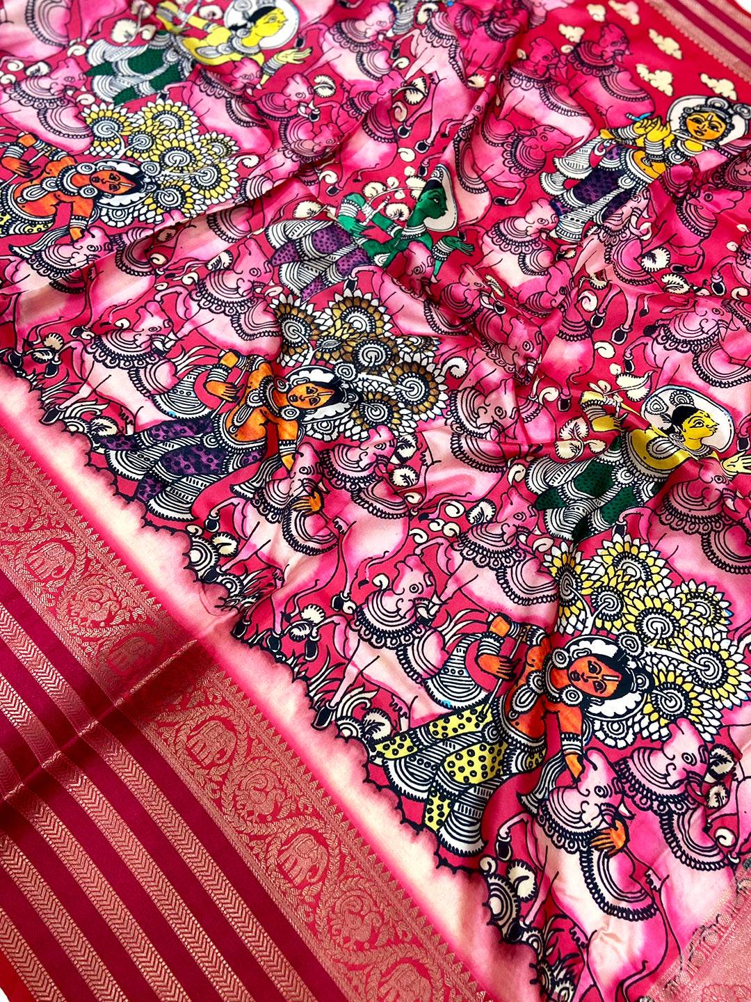 Rose Pink Kalamkari Printed Banarasi Saree