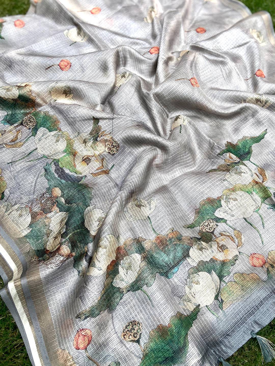 Bollywood Grey Soft Kota Doriya Silk Saree With Flower Print