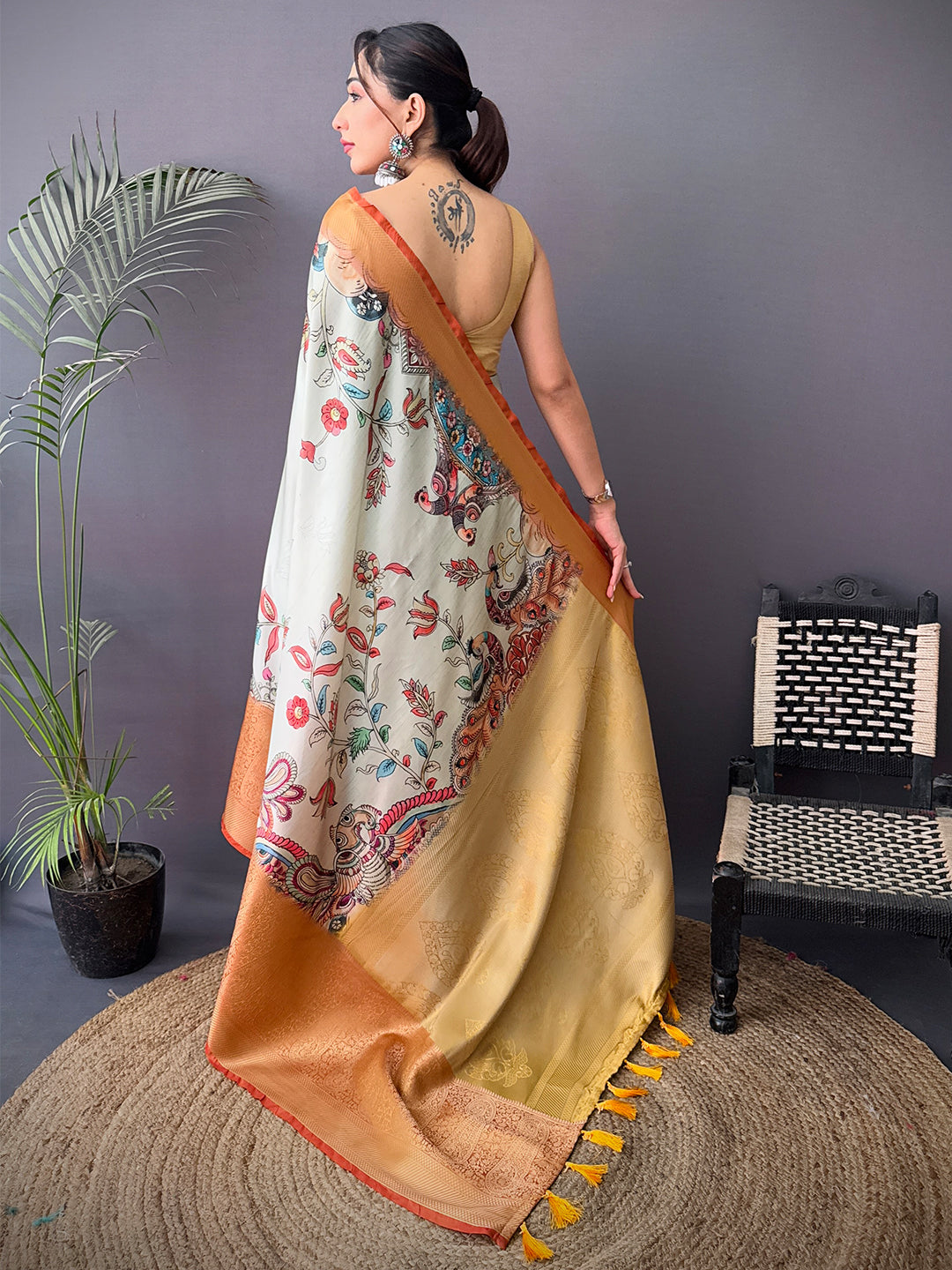 Royal Cherry Satin Kalamkari Printed Saree