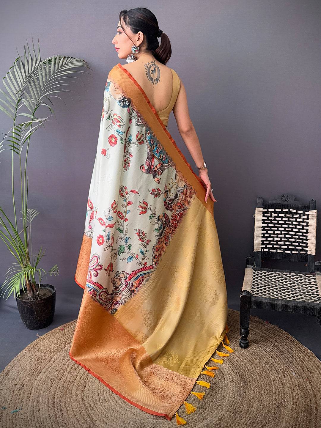 Royal Cherry Satin Kalamkari Printed Saree