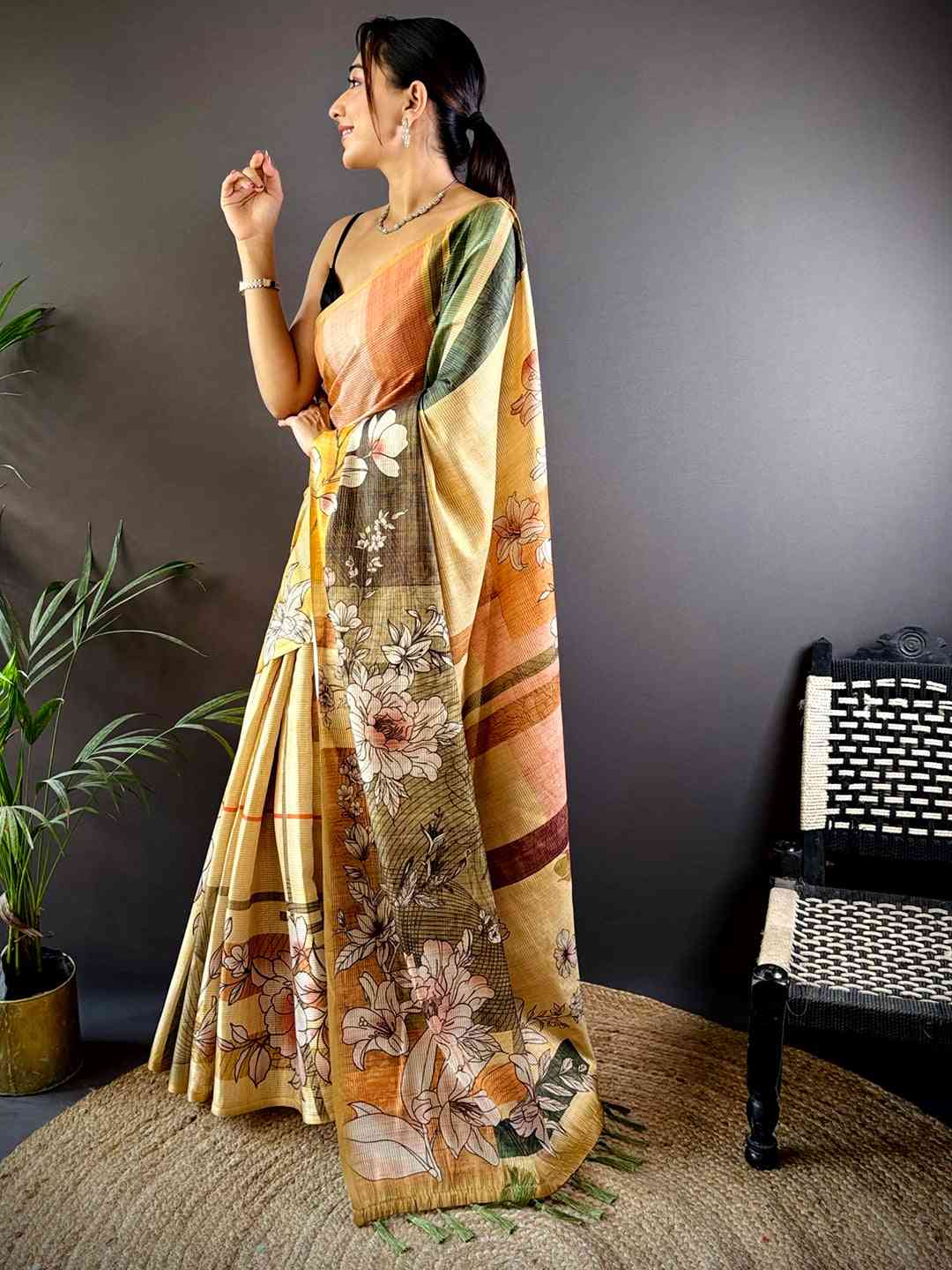 Light Yellow Tussar Zari Floral Saree