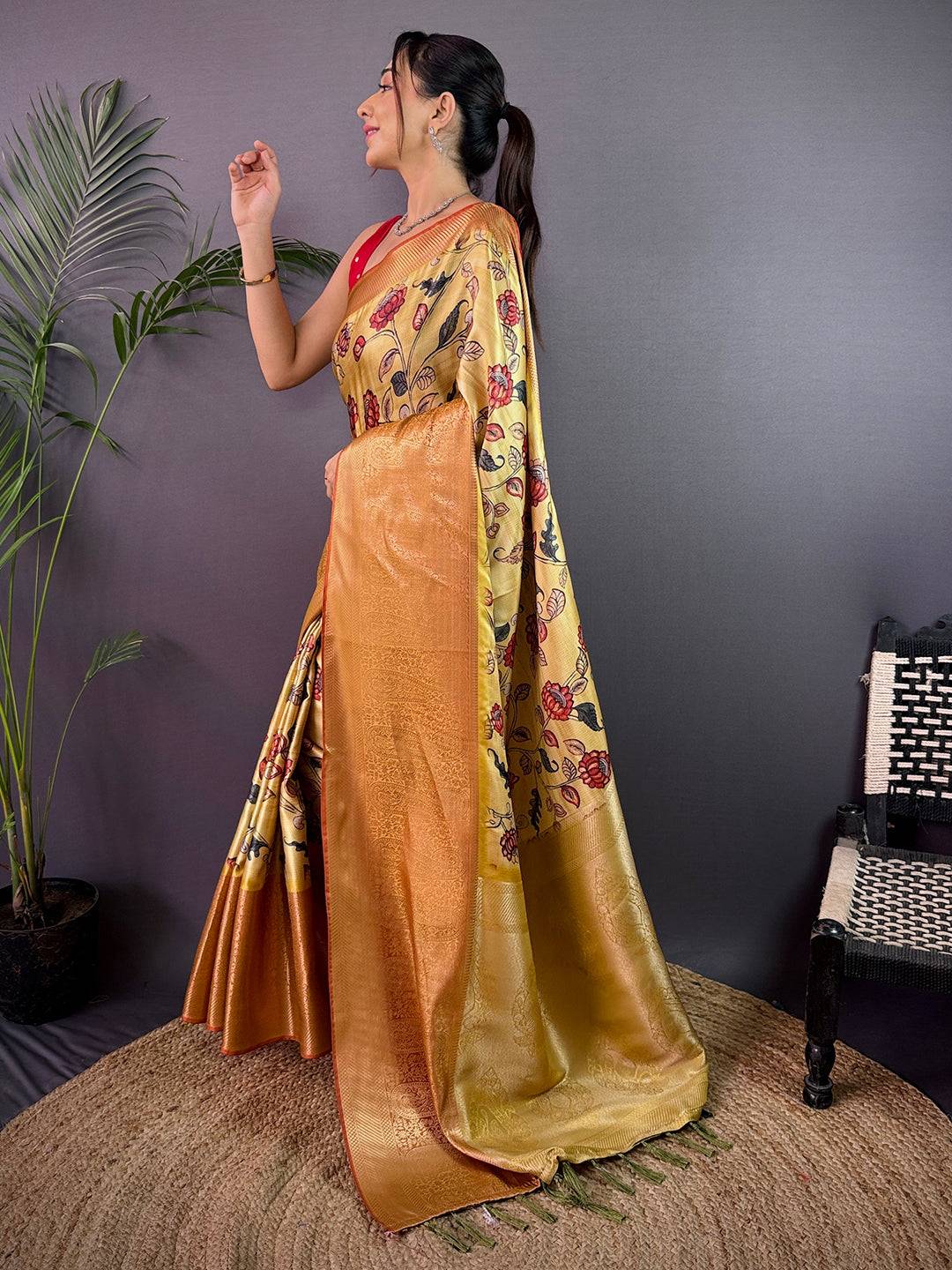 Lemon Yellow Cherry Satin Kalamkari Saree