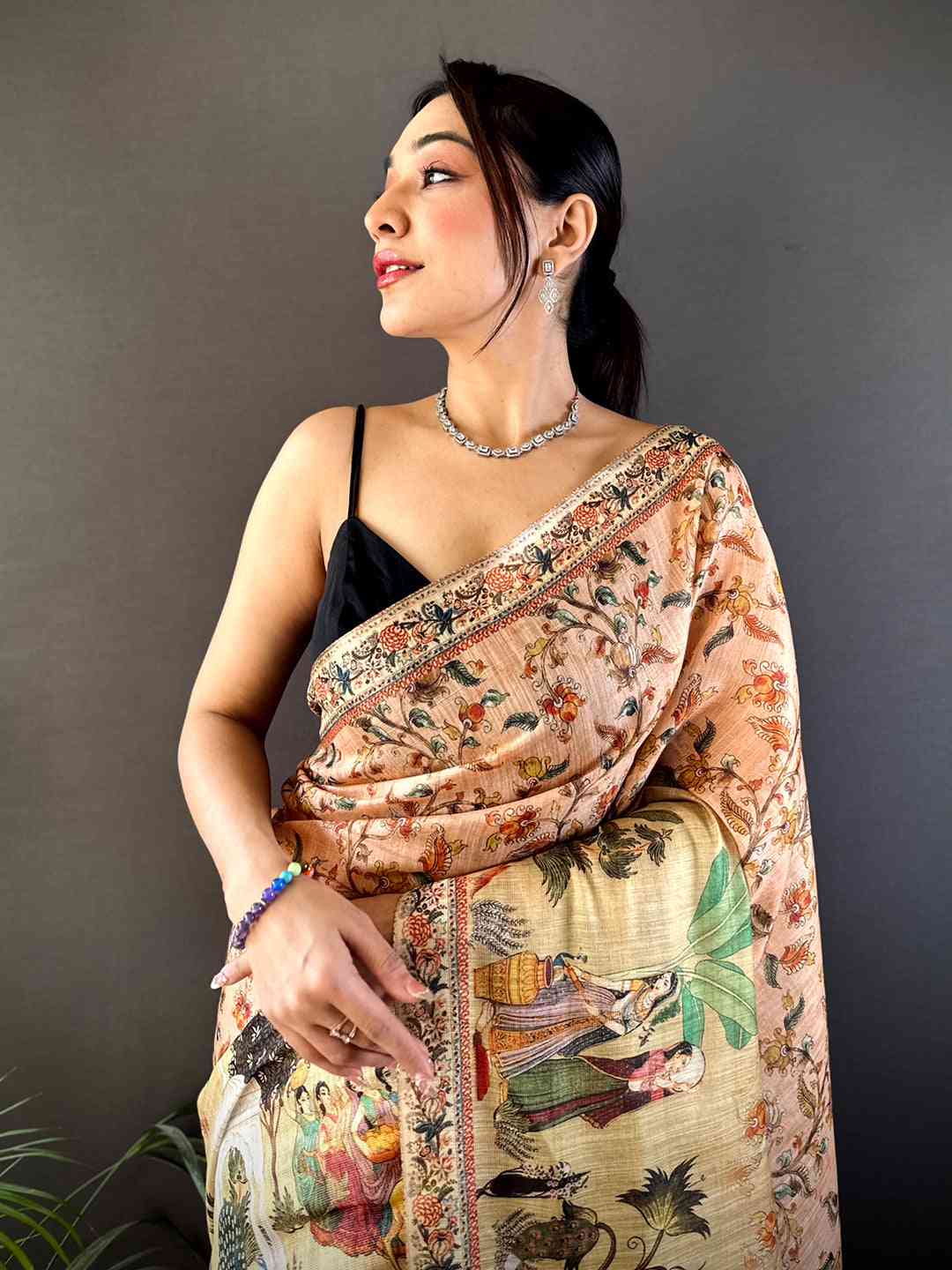 Peach Tussar Pashmina Kalamkari Saree