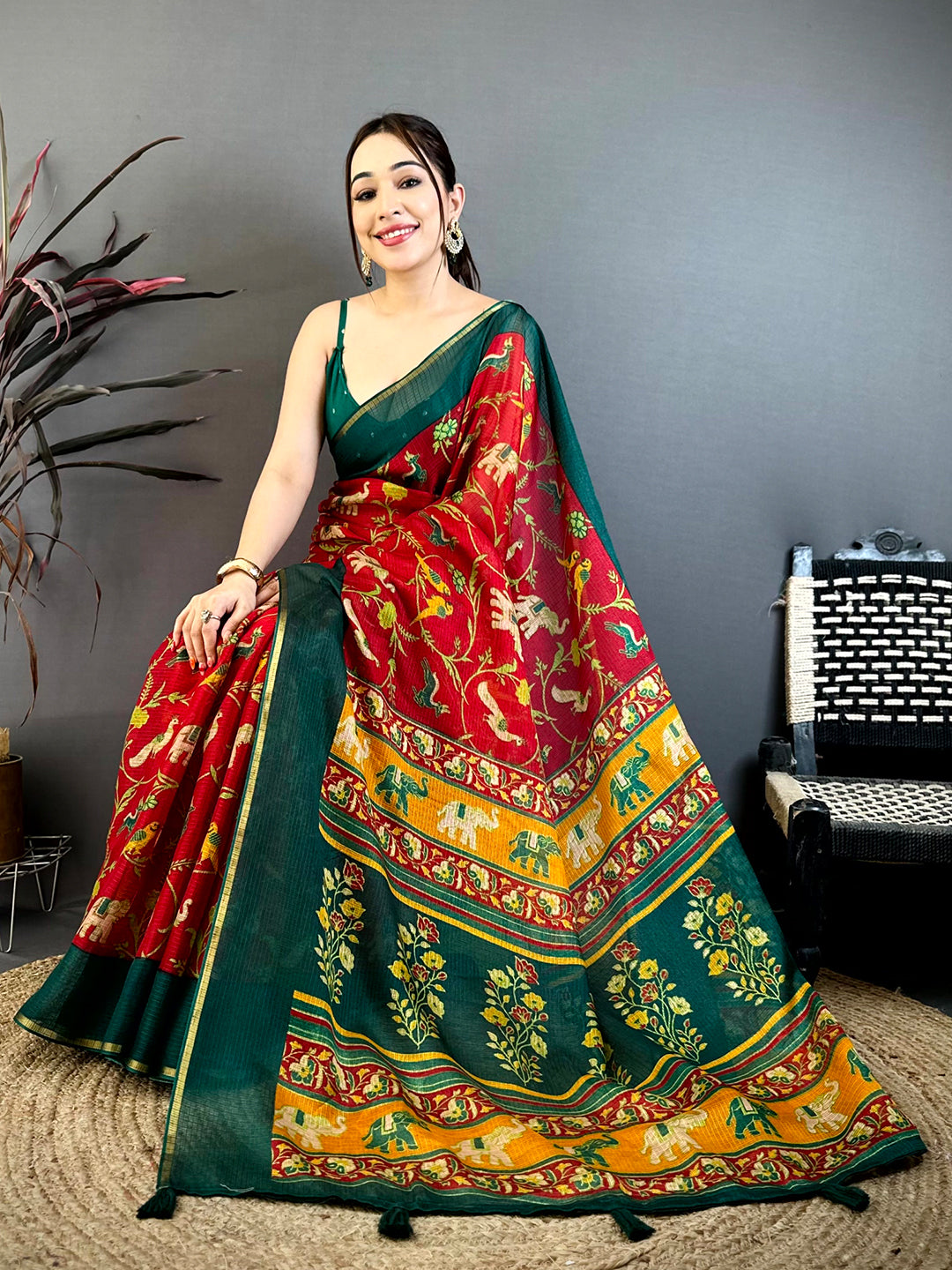 Red Kota Doriya Block Print Saree