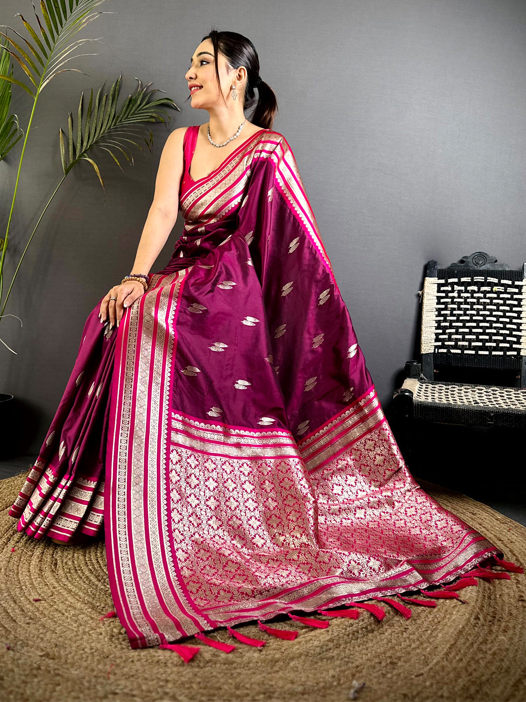 Wine Soft Silk Satin Minakari Border Saree