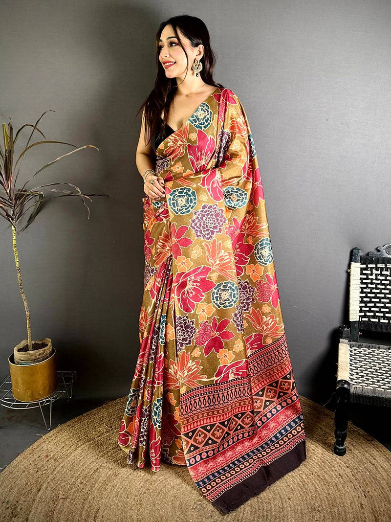 Stylish Tussar Bold Floral Print Saree