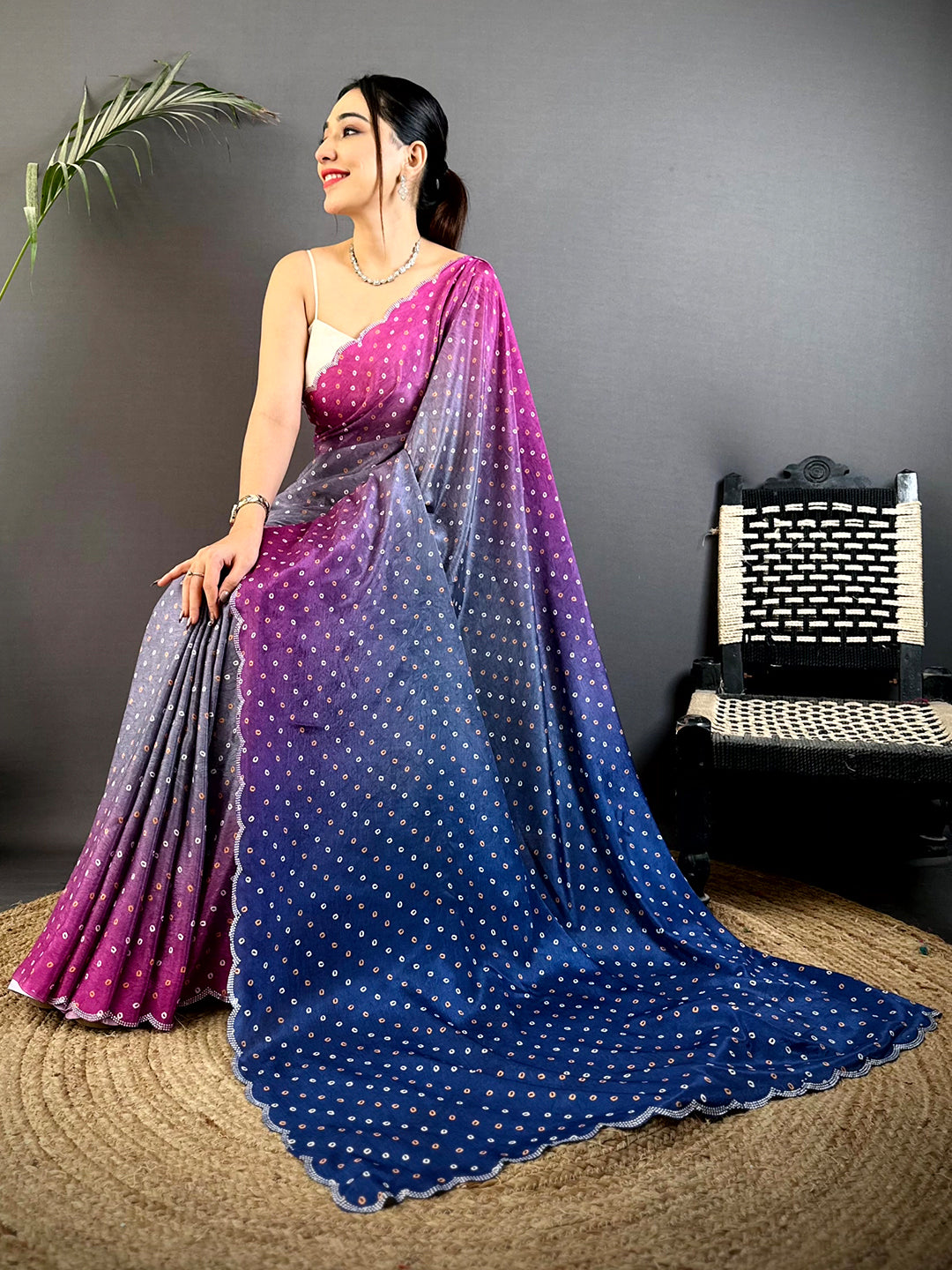 Artistic Chiffon Bandhej Swarovski Saree