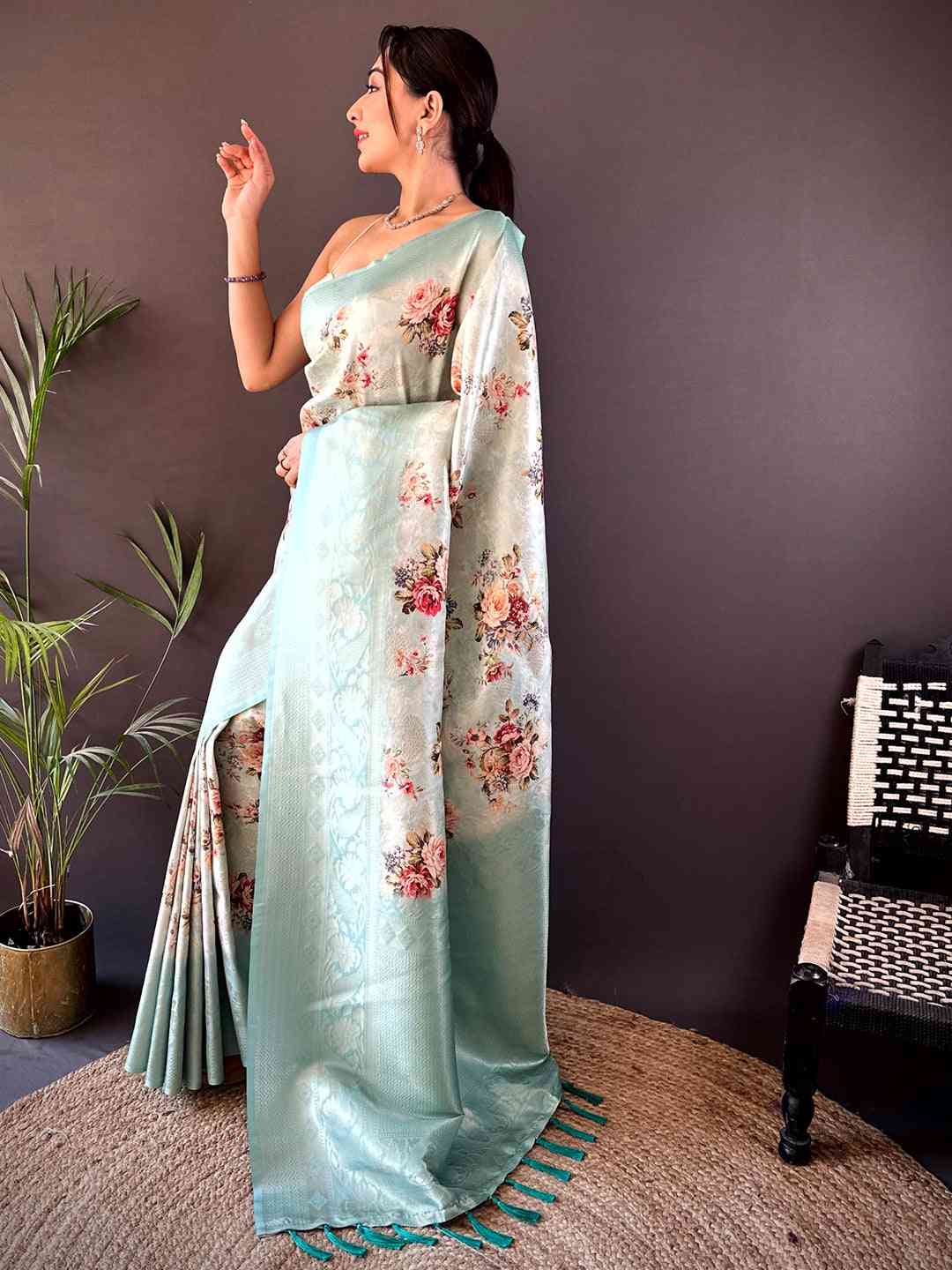 Mint Green Kanjivaram Digital Silk Saree