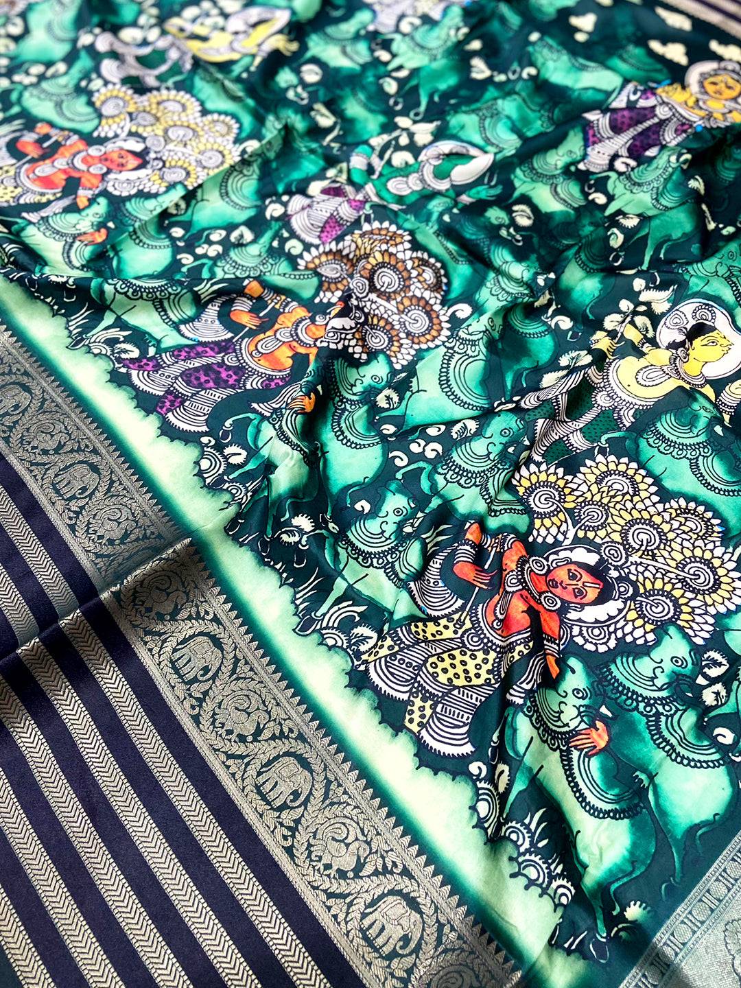 Bottle Green Kalamkari Printed Banarasi Saree