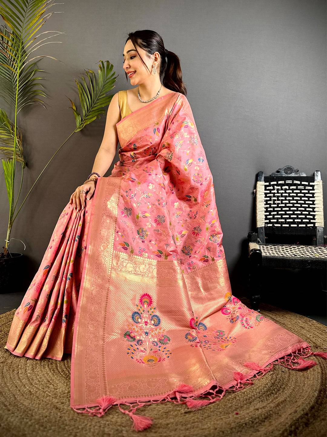 Pink Banarasi Minakari Floral Silk Saree