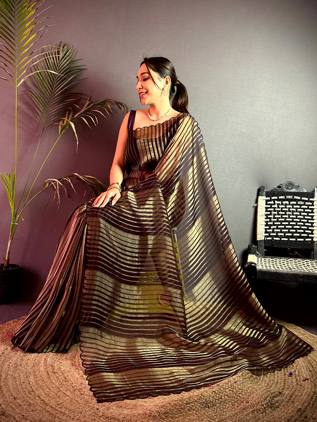 Radiant Gold Zari Striped Chiffon Saree