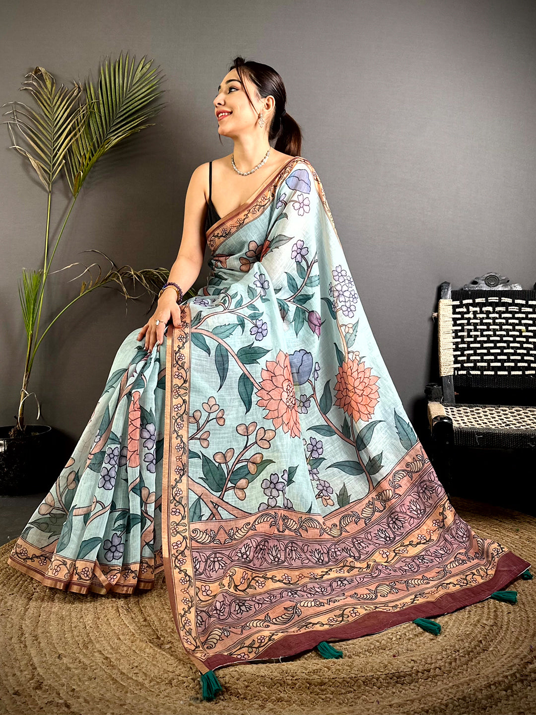 Blue Floral Soft Linen Summer Saree