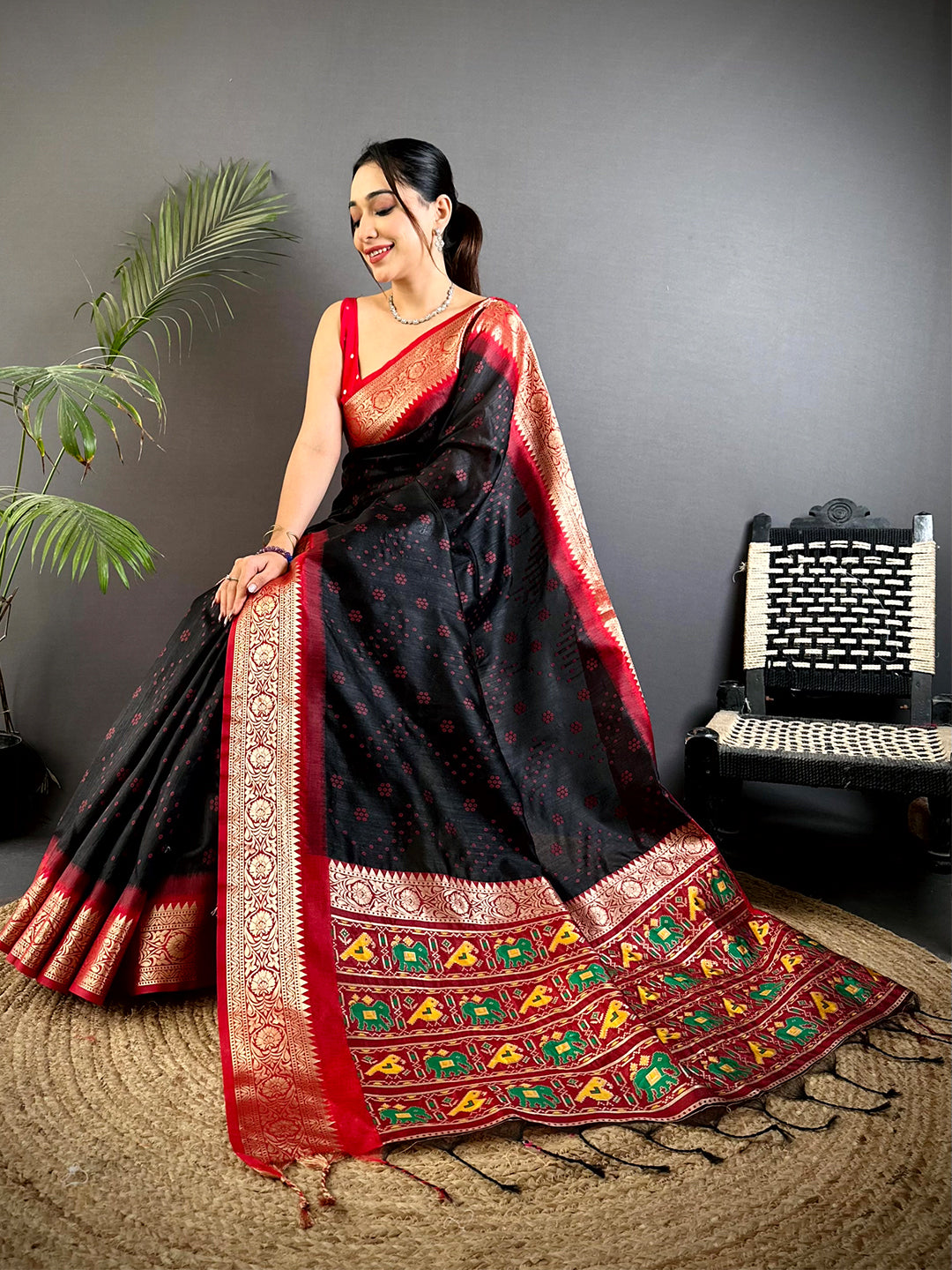 Black Bandhej Pochampally Raw Silk Saree