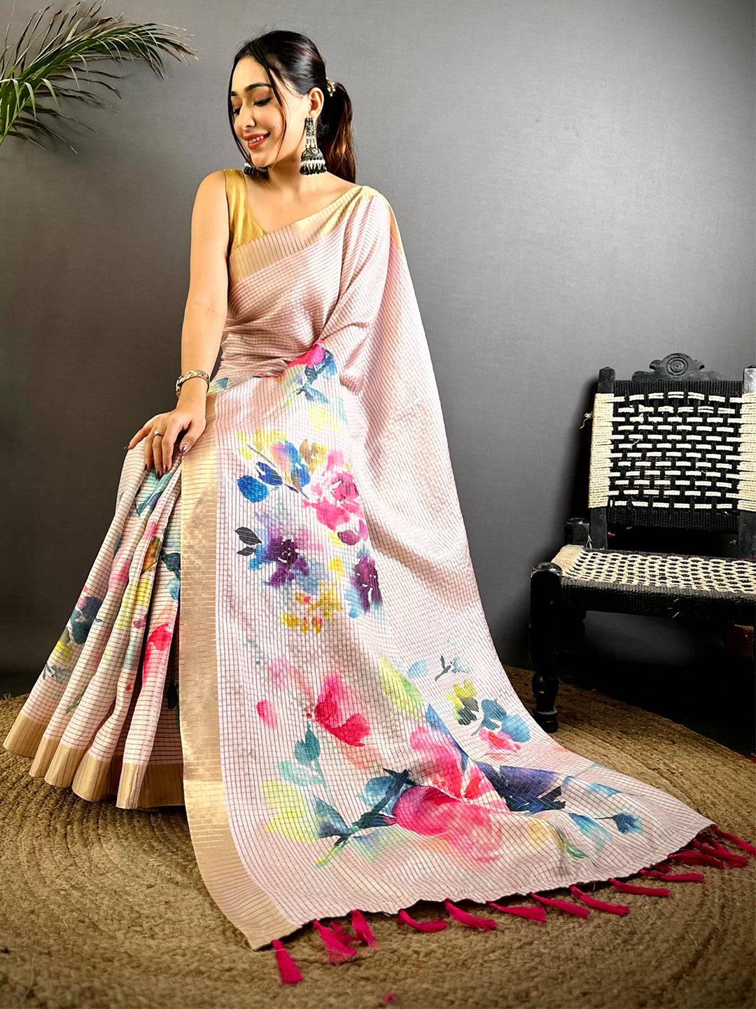 Pink Bloom Tussar Black Chex Saree