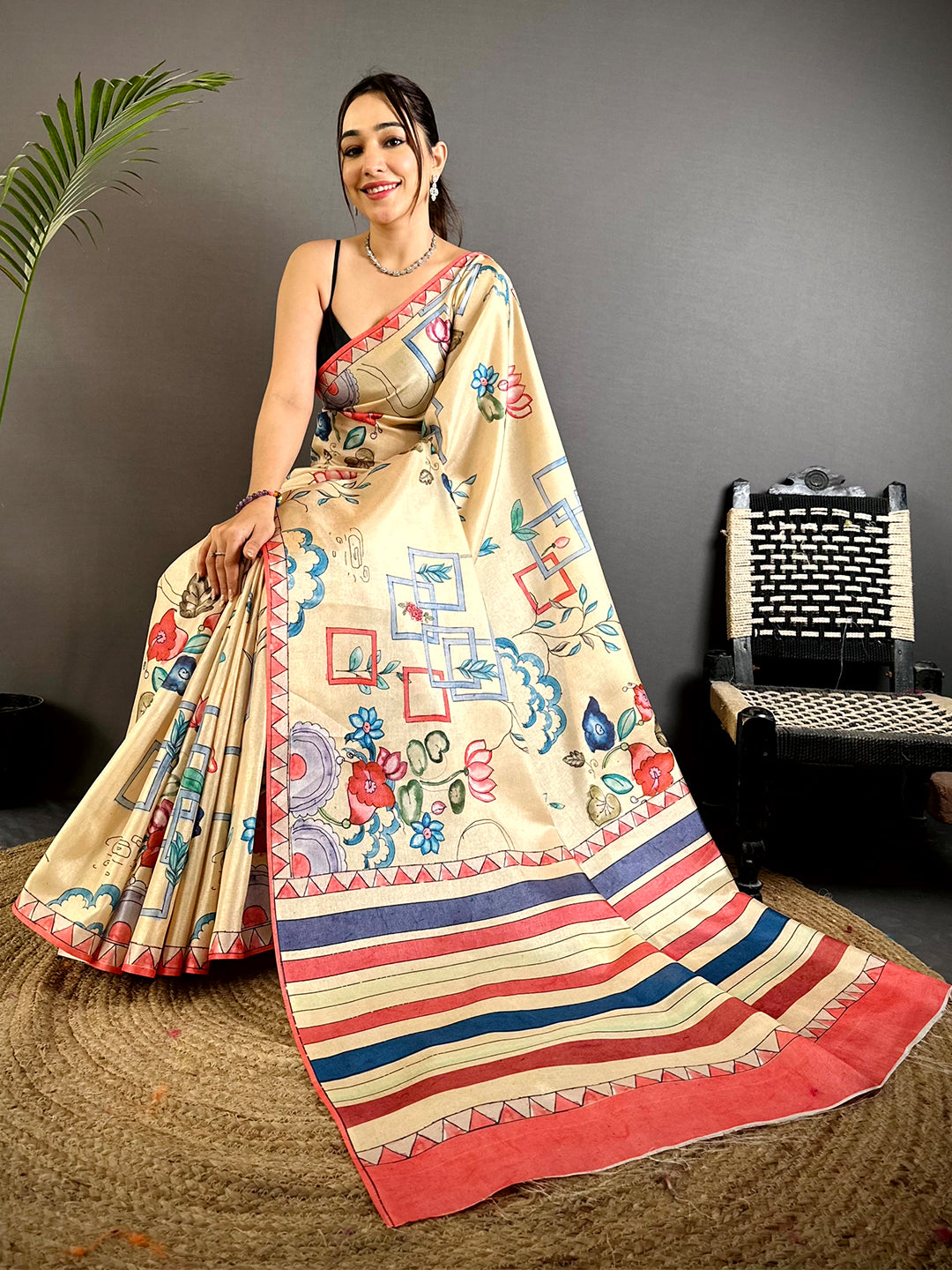 Cream Semi Tussar Striped Pallu Saree