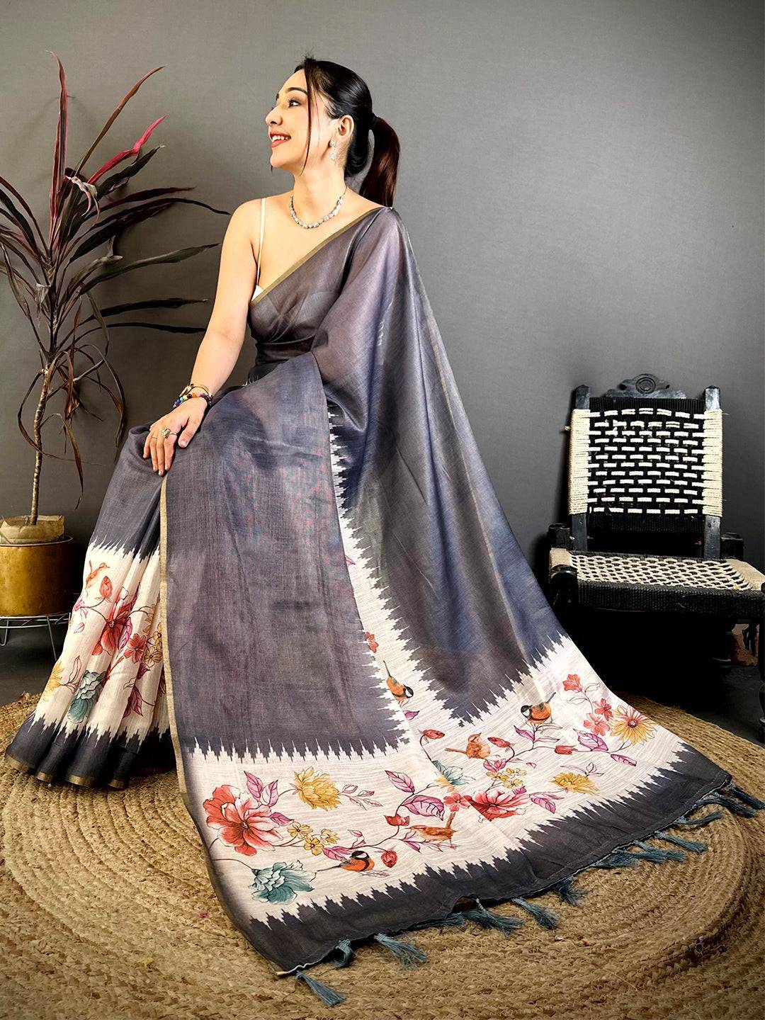 Grey Floral Ikat Linen Chanderi Saree