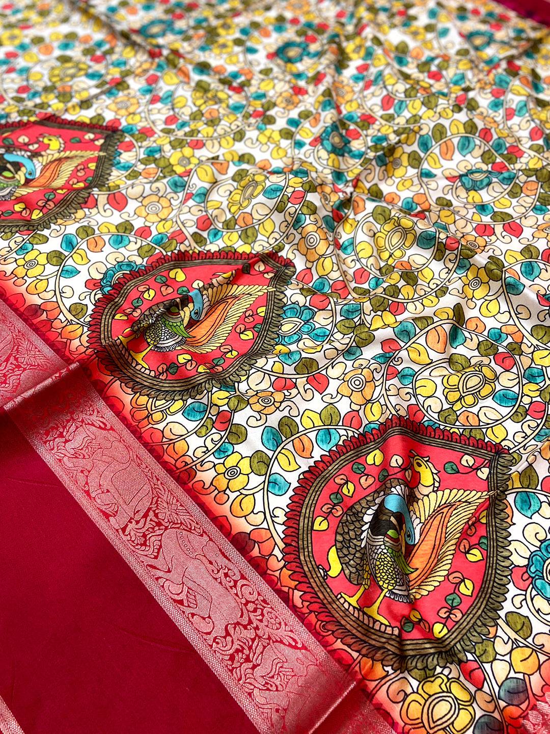 Vibrant Cream Banarasi Kalamkari Silk Saree
