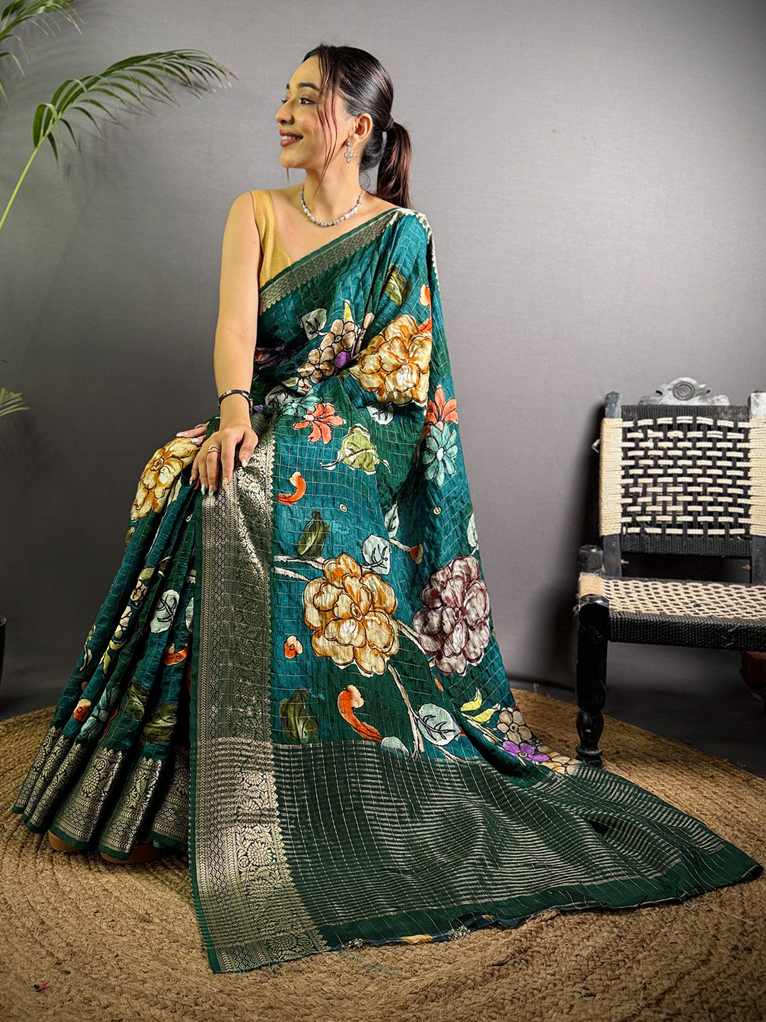 Teal Pure Viscose Kalalmkari Print Saree