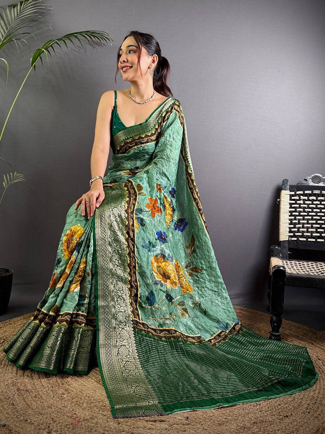 Sea Green Pure Viscose Floral Printed Saree