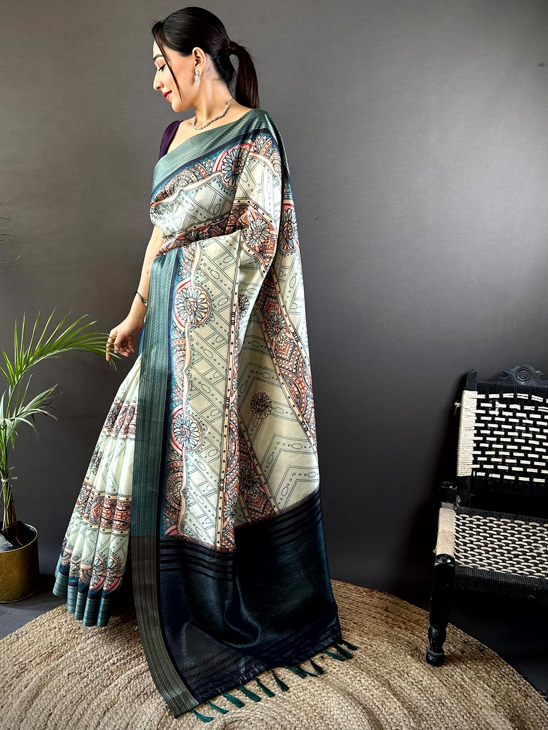 Off White Digital Kalamkari Printed Tussar Silk Saree