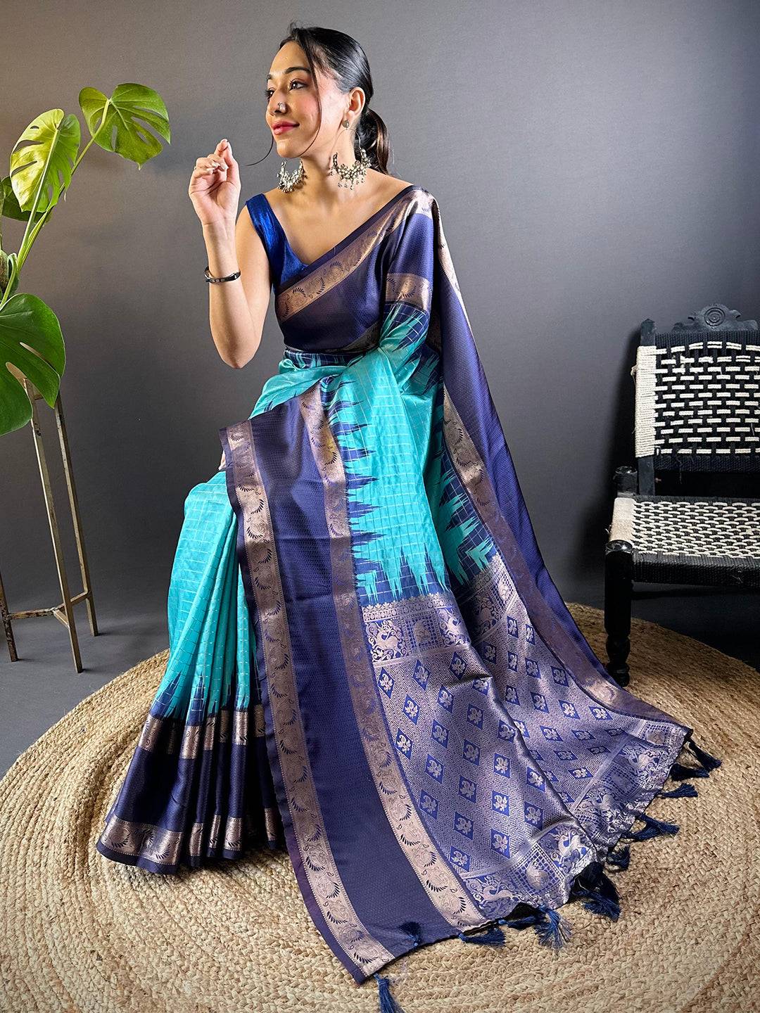 Blue Rettapet Zari Chex Banarasi Silk Saree