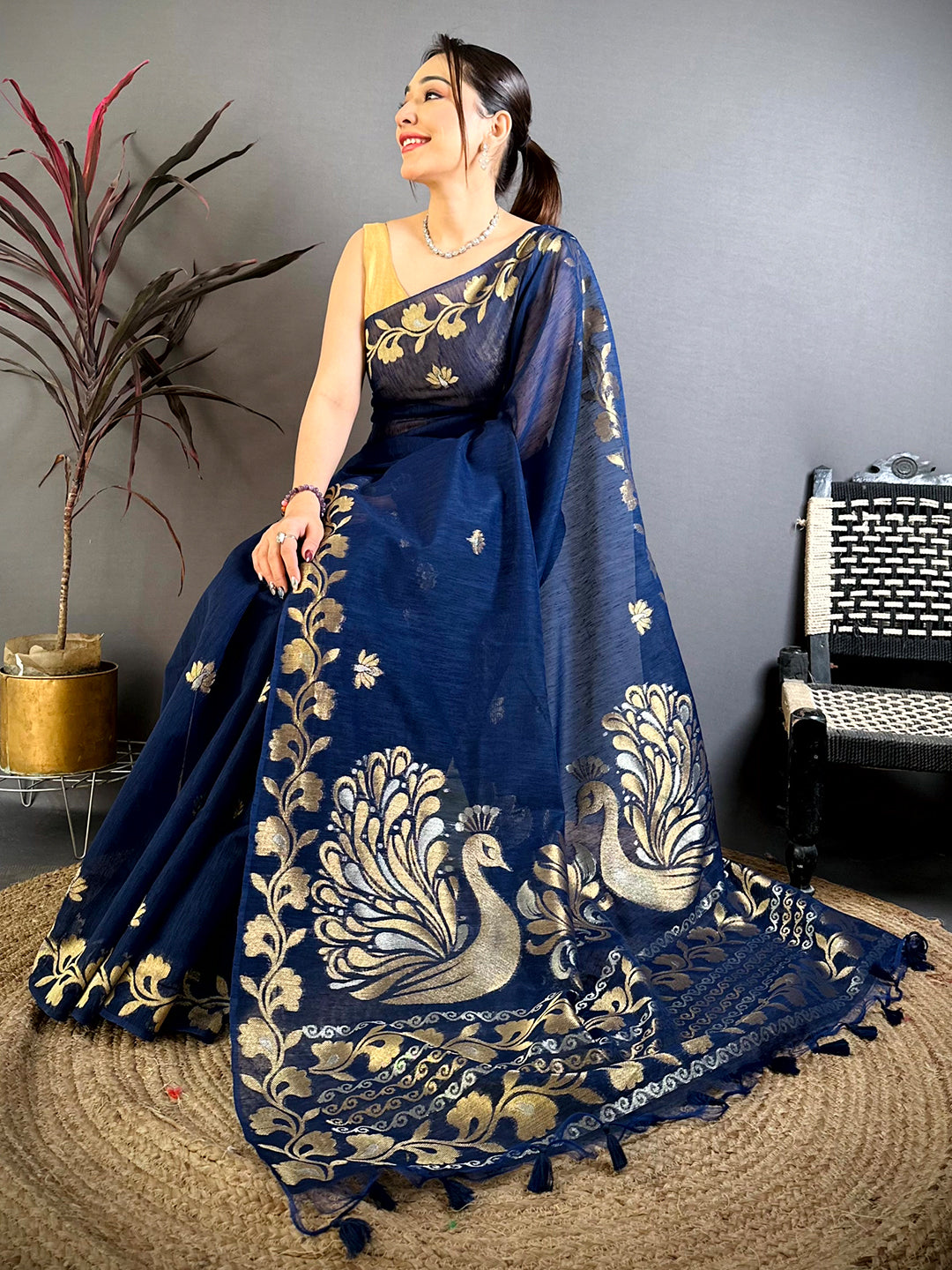 Navy Peacock Zari Munga Saree