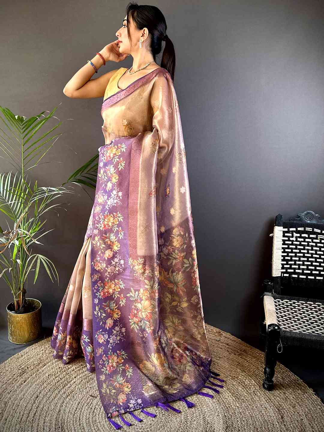 Wine Tissue Digital Floral Saree