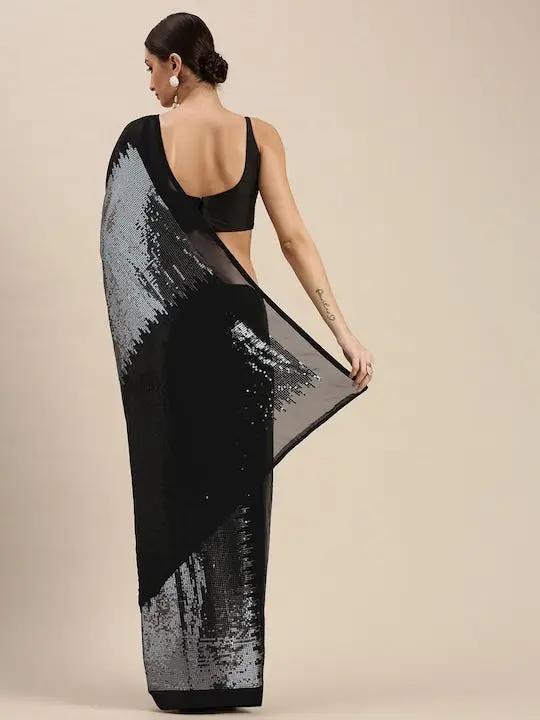 Grey Colour Poly Georgette Sequinned Work Saree