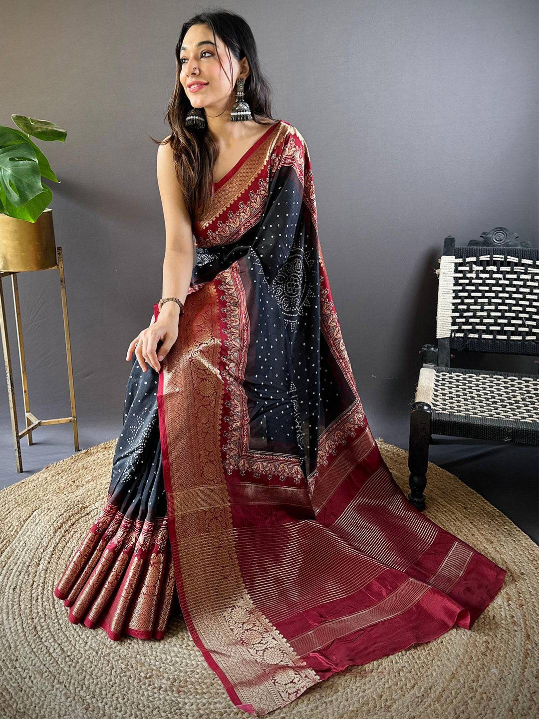 Black Graceful Bandhej Silk Saree