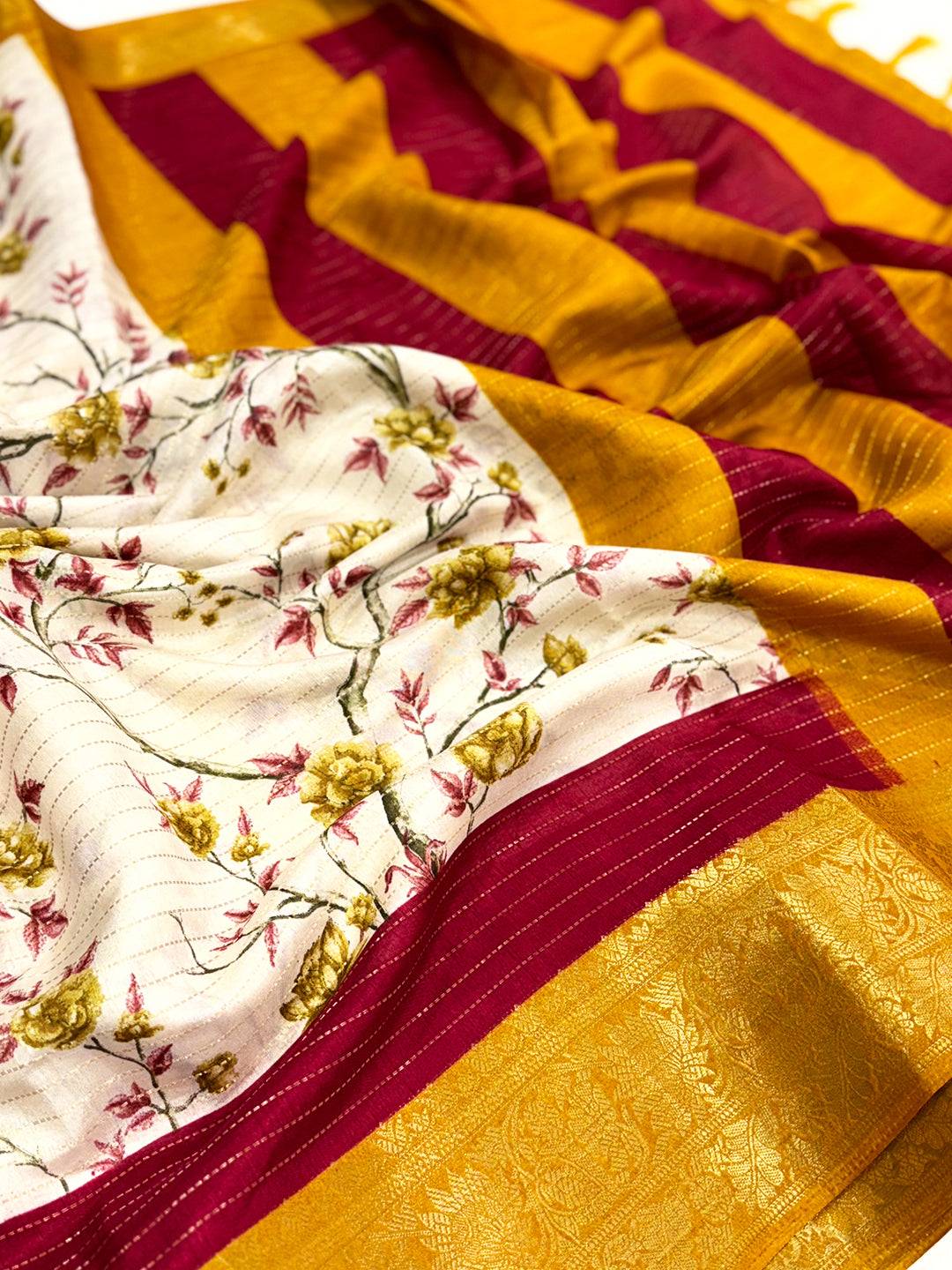 Yellow Soft Dola Silk Zari Katha Saree