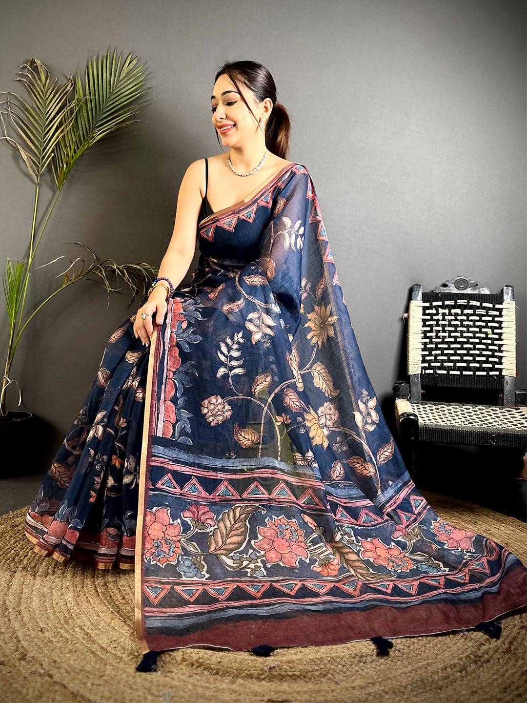 Radiant Floral Hand Art Linen Saree