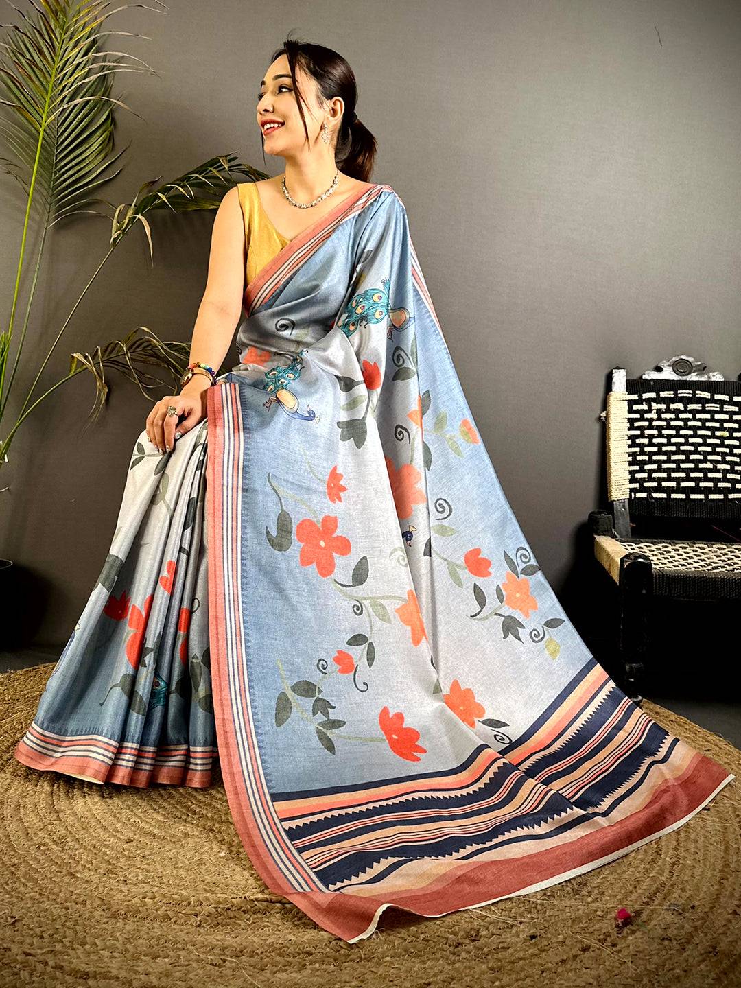 Sky Blue Floral Tussar Ikkat Border Saree