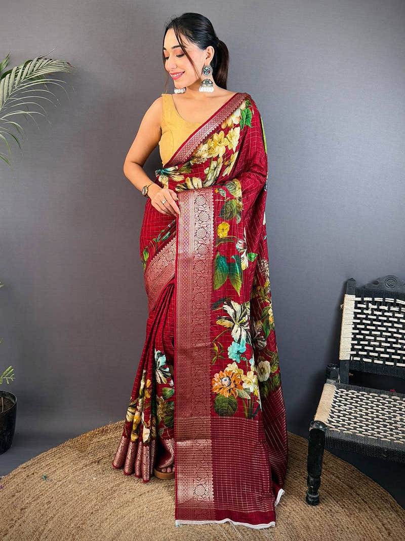 Deep Maroon Pure Viscose Checked Saree
