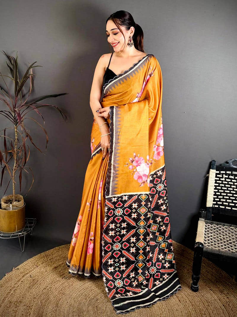 Mustard Tussar Ikkat Patola Saree