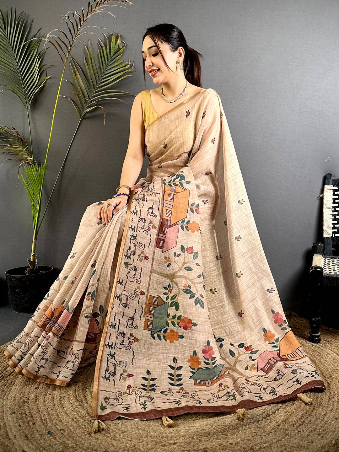 Peach Kalamkari Madhubani Print Saree