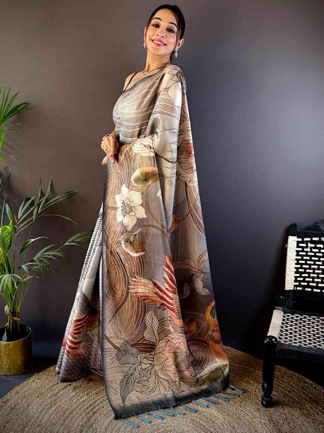 Grey Semi Zari Tussar Botanical Saree