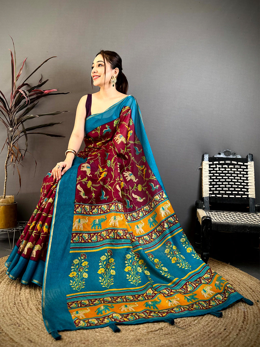 Wine Kota Doriya Block Print Saree