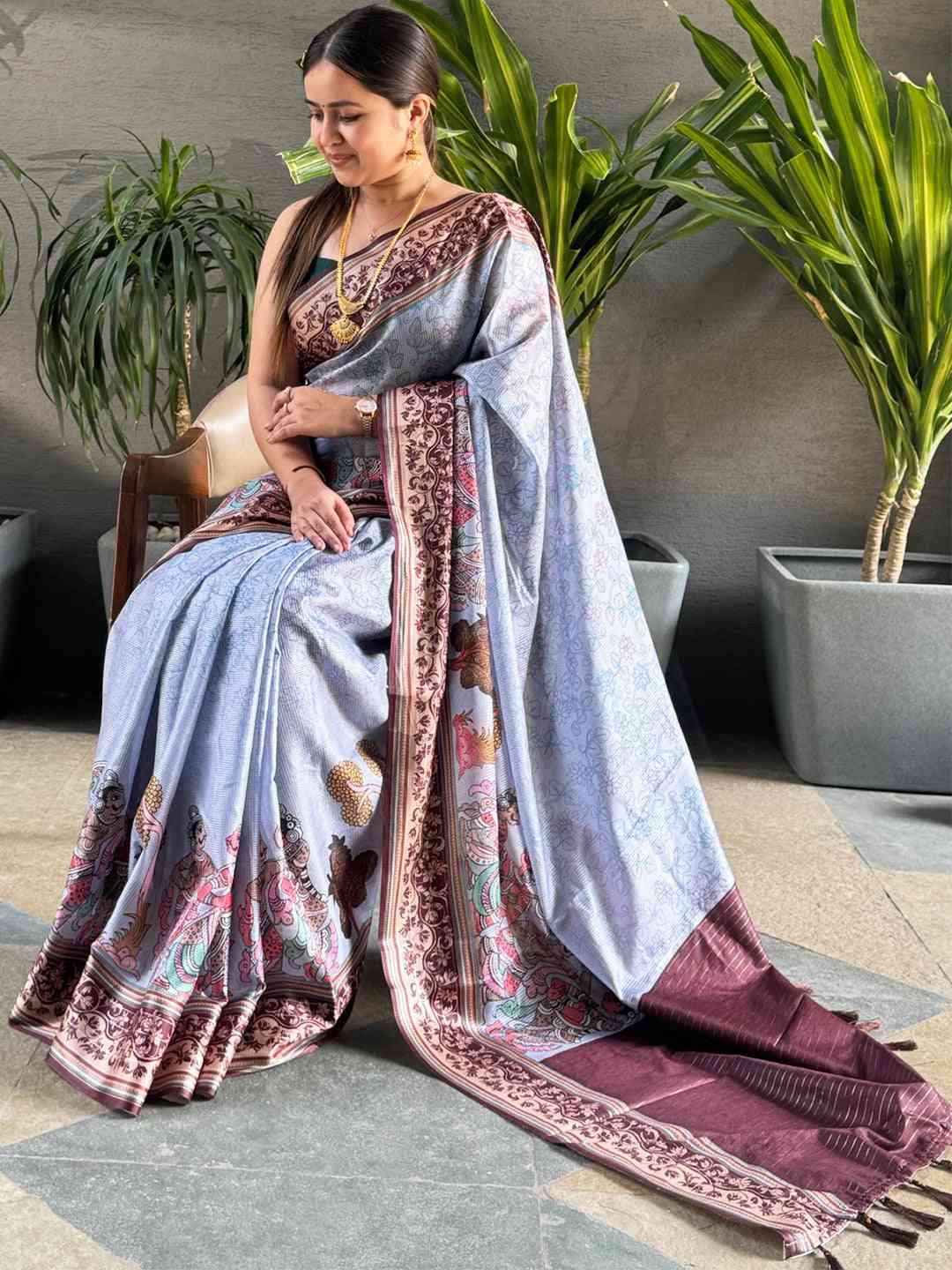 Graceful Silver Satin Kota Doria Saree with Kalamkari Pallu