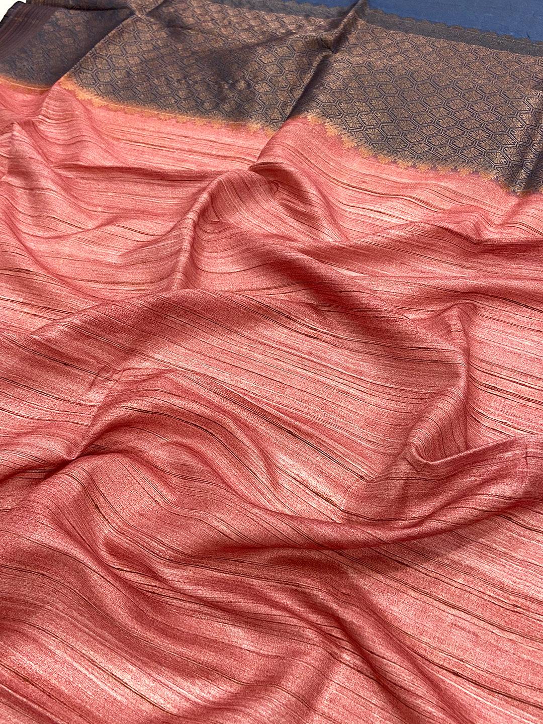 Rose Pink Tussar Ghicha Print Saree
