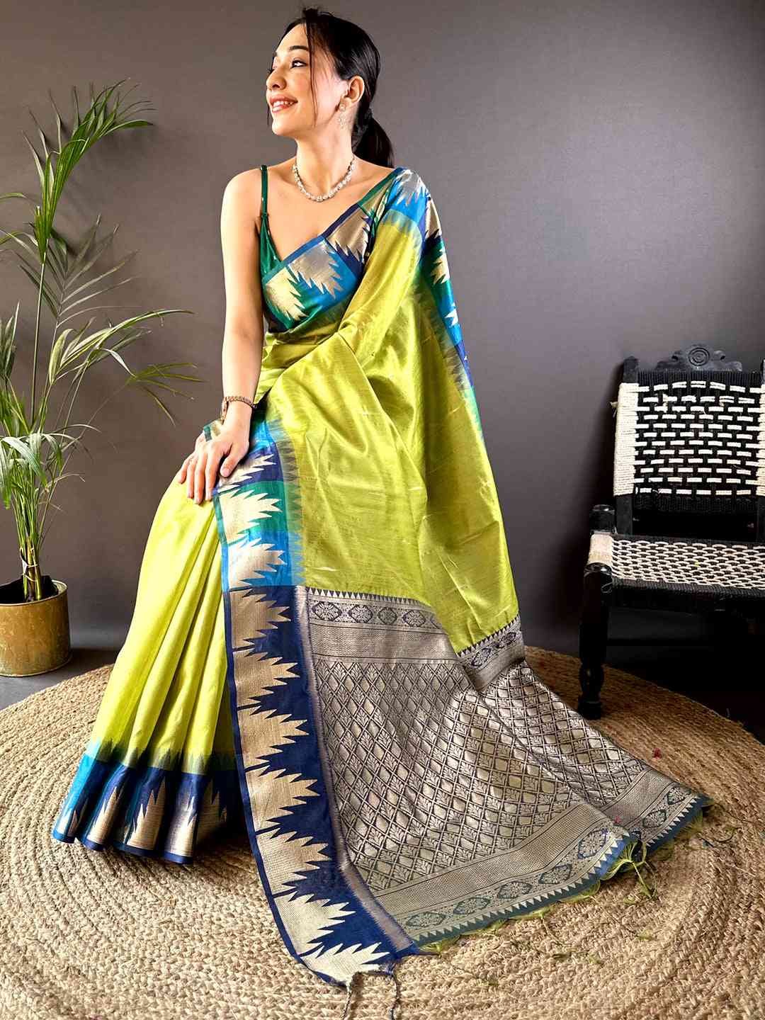 Green Banarasi Raw Silk Ikkat Saree