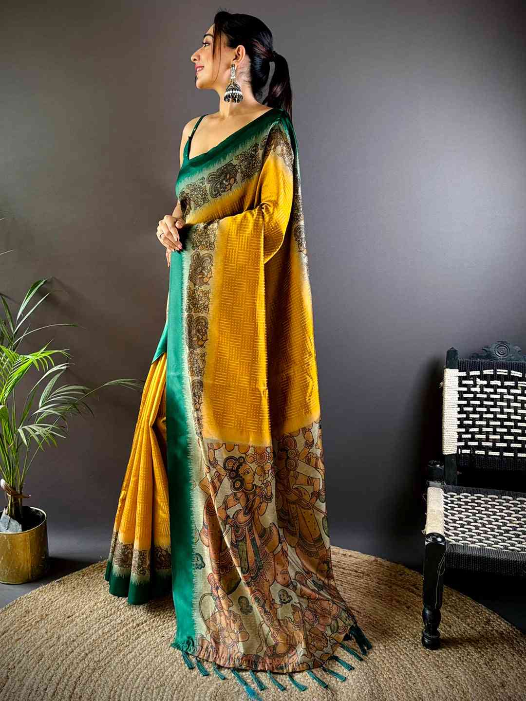 Mustard Soft Silk Kalamkari Pallu Saree