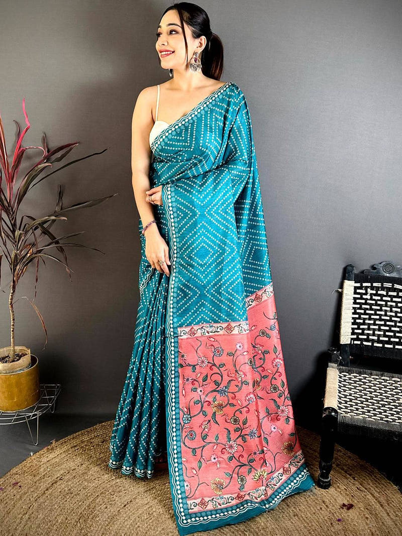 Royal Tussar Bandhej Kalamkari Saree
