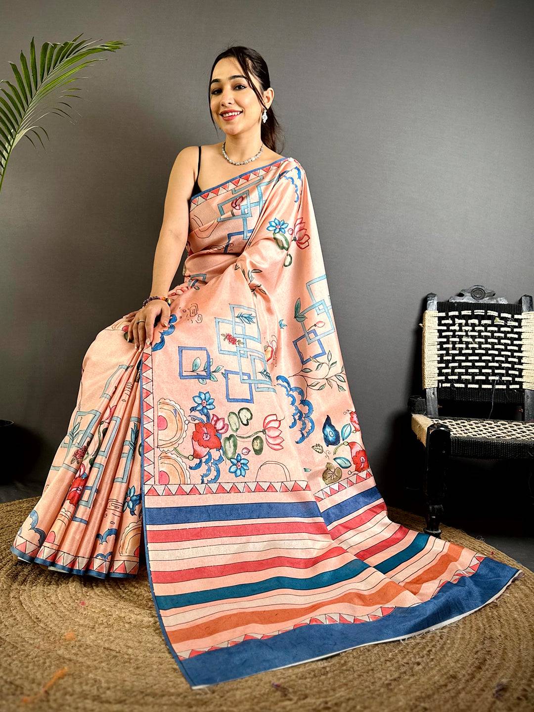 Peach Semi Tussar Striped Pallu Saree