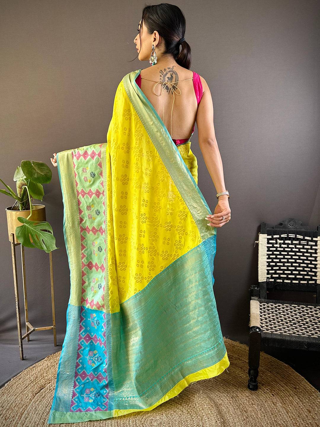 Lime Yellow Katan Silk Ikkat Saree