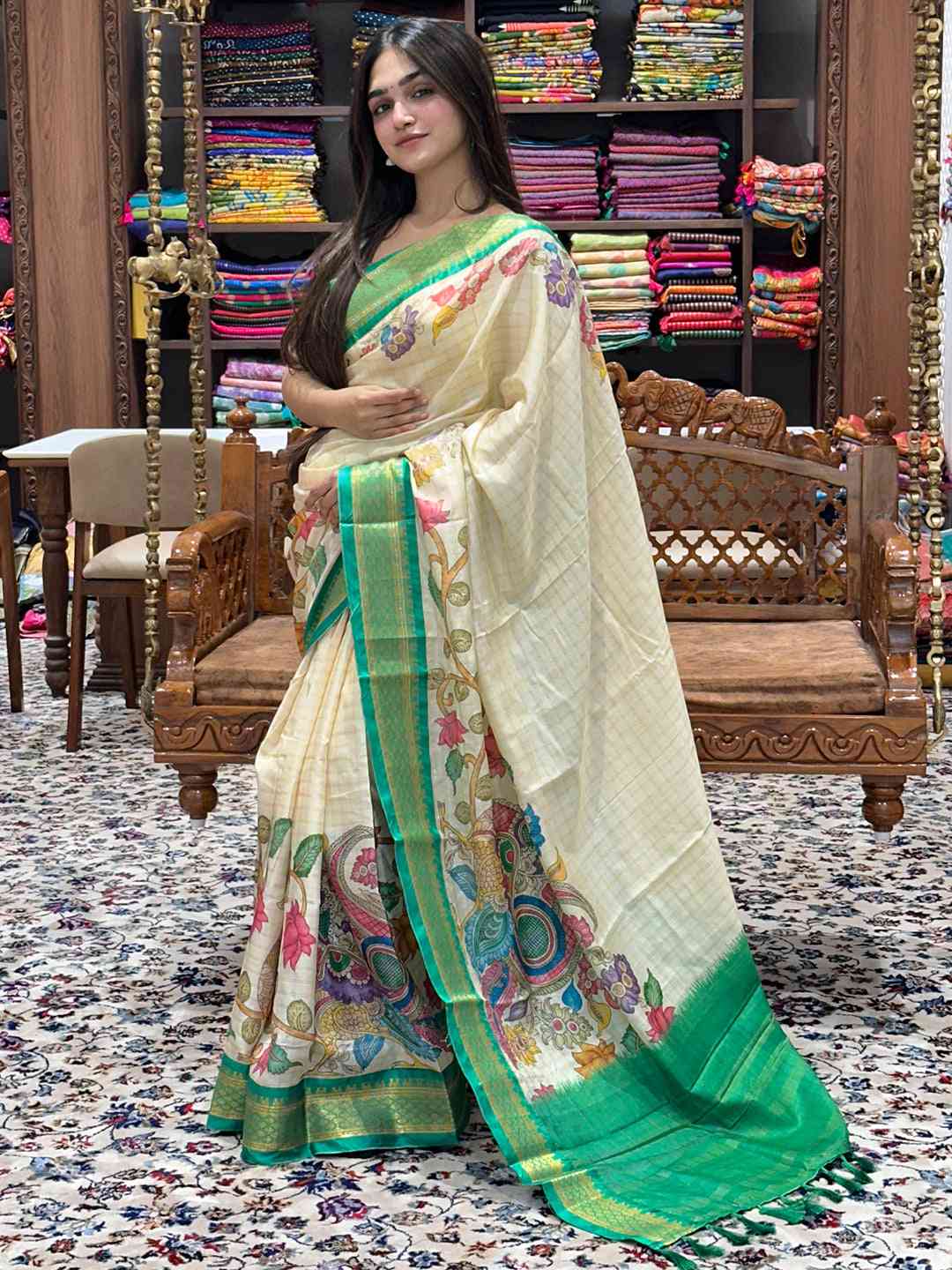 Traditional Uppada saree with vibrant Kalamkari print