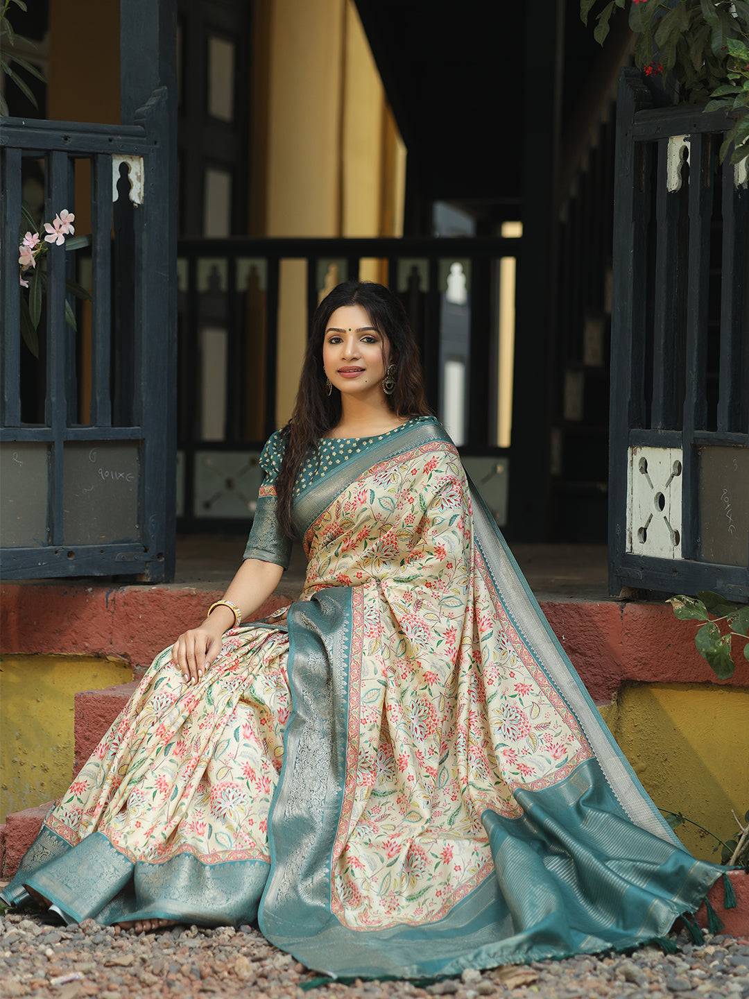 Cream Colour Phulkari Design Zari Weaving Pallu Saree